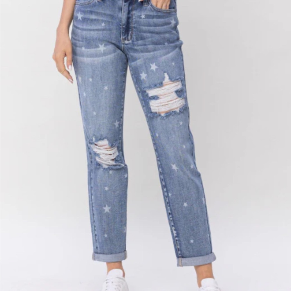 Judy Blue Celestial Distressed Boyfriend Jeans - Blue